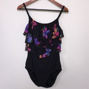 Sirena Black Flower Ruffles One Piece Bathing Suit